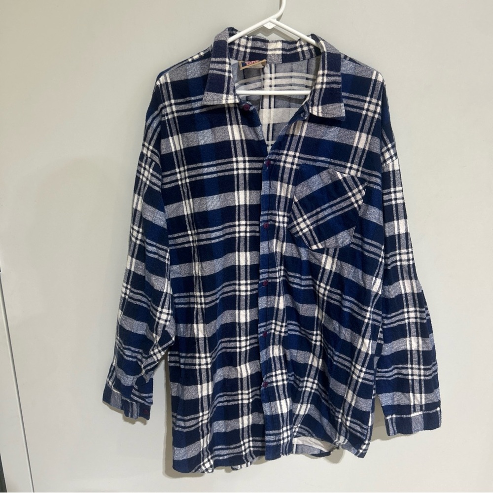 Vtg American Edition Shirt Men 2XL BLUE/WHITE Plaid Button Up Flannel Made USA.